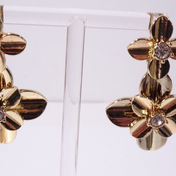 Banana Republic Shiny Gold METALS Petal Flower Crystal Drop Earrings NWT 58 - Picture 6 of 8